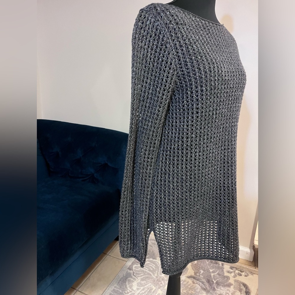 Jeanne Pierre Black and Silver Metallic Open Stitch Knit Top - Picture 2 of 7